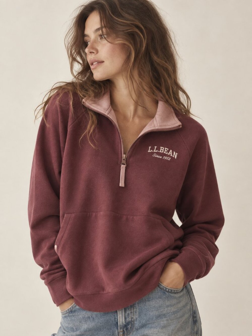 L.L.Bean Burgundy Zip Pullover Sweatshirt Preppy Heritage Outdoors Large